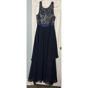 Unknown Brand Navy Blue/Champagne Evening Gown, Lace Top, Polyester/spandex, 14